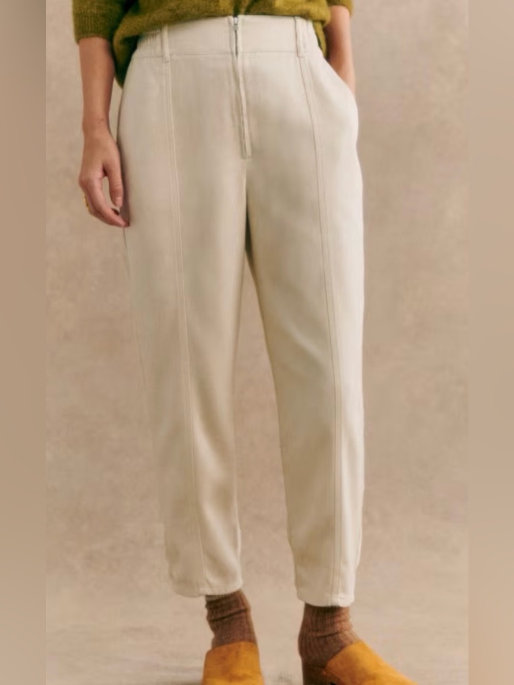 Sezane Bernardo Ecru Straight-Leg Women's Pants. High waist, Zip Front. Sz 44